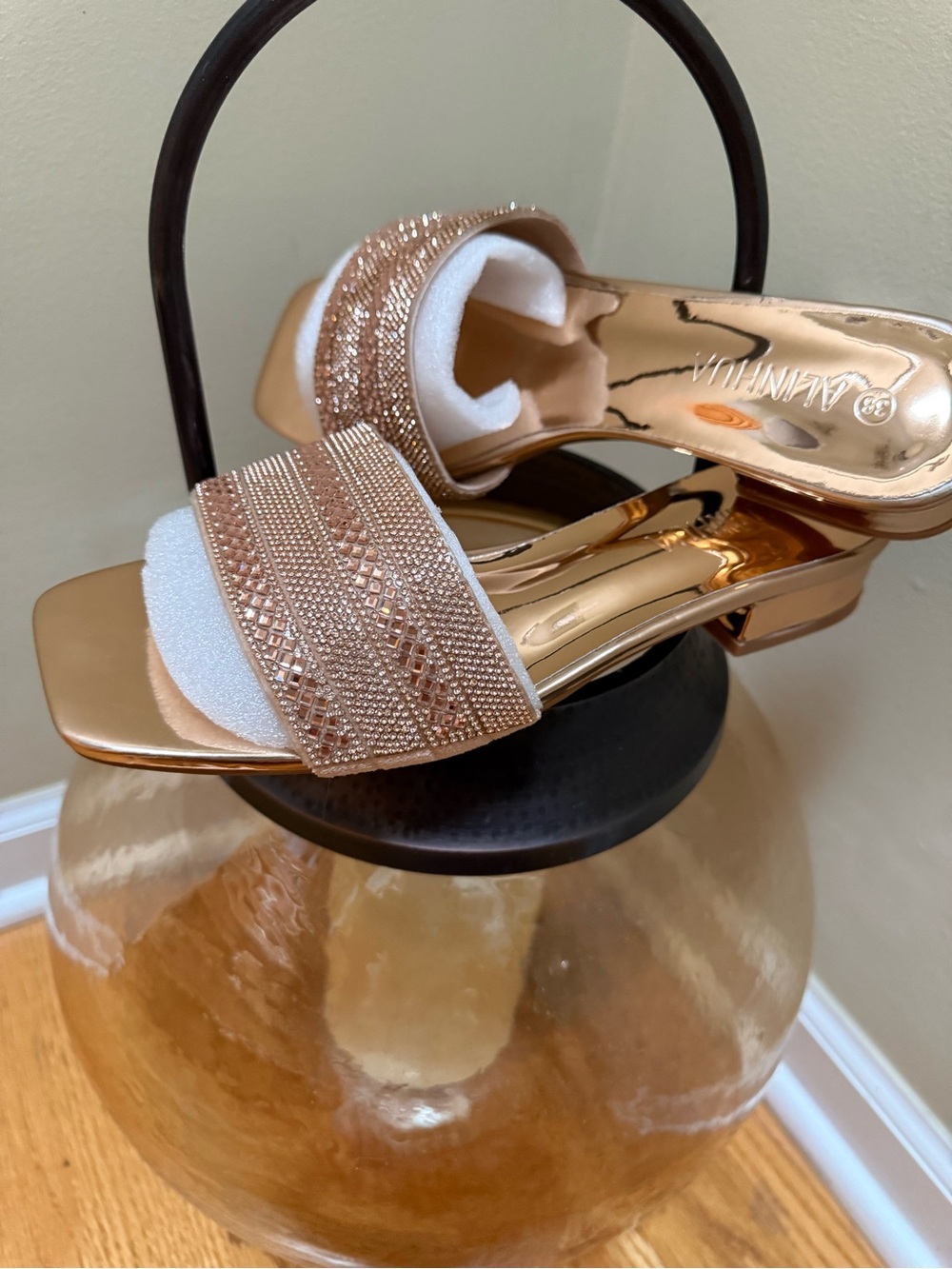 Embellished Rose Gold Slide Mules with Low Block Heel